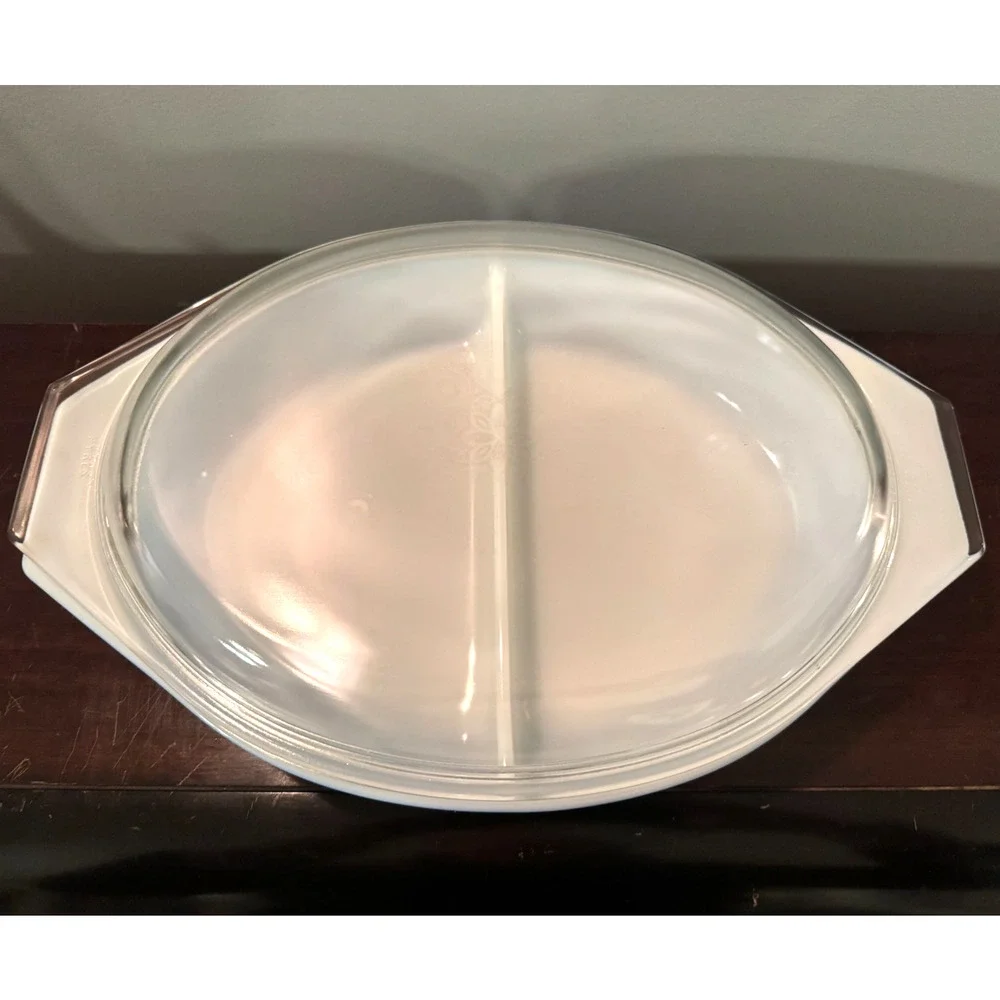 Pyrex Blue Oval Divided Casserole Dish 1.5 Qt With Clear Lid USA Vintage